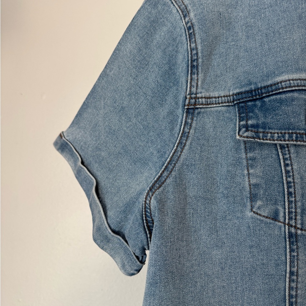 Allegra-K Denim Button-Up XL Dress with Brown Belt 2 Front Pockets Short Sleeve - Picture 6 of 7
